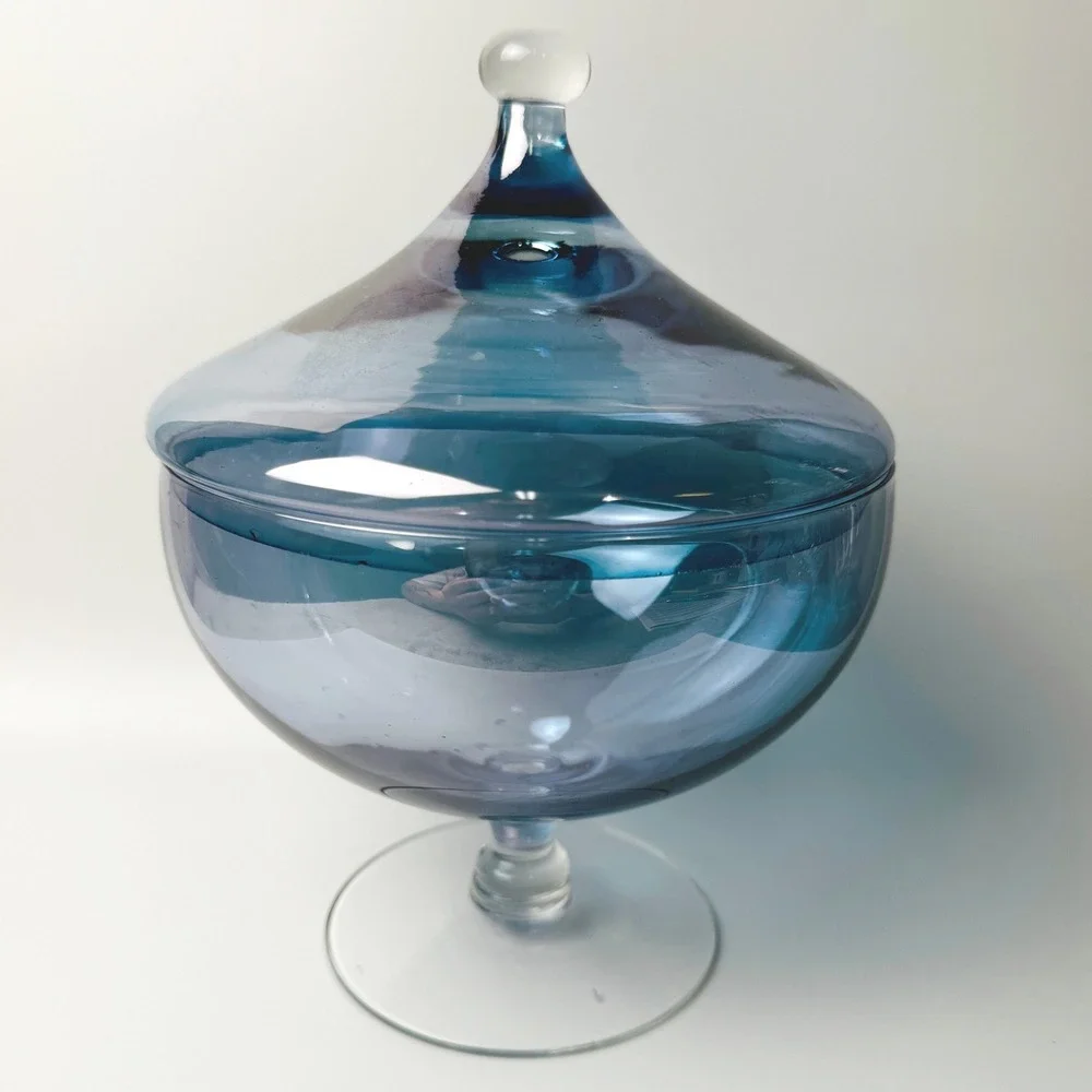 Vintage Empoli Style Blue Blown Glass Covered Compote Pedestal Candy Dish MCM